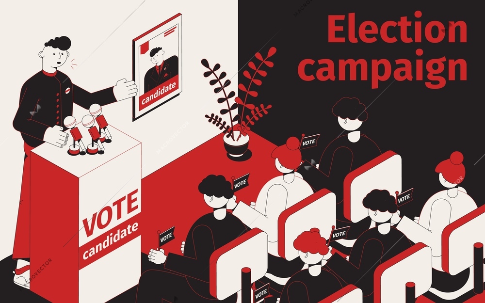 Election campaign isometric composition with view of press conference with speaking candidate and party member characters vector illustration