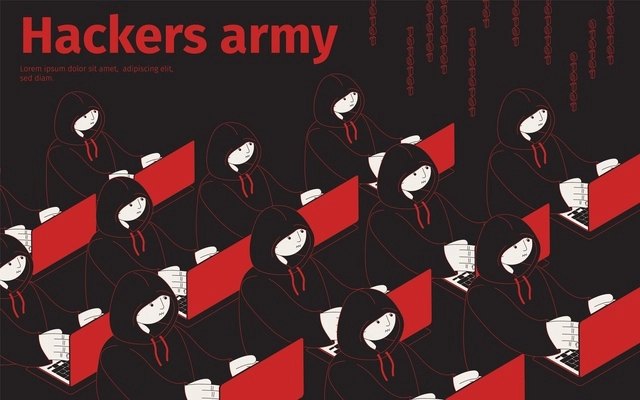 Hackers army isometric background with editable text and human characters of cyber thiefs sitting in rows vector illustration