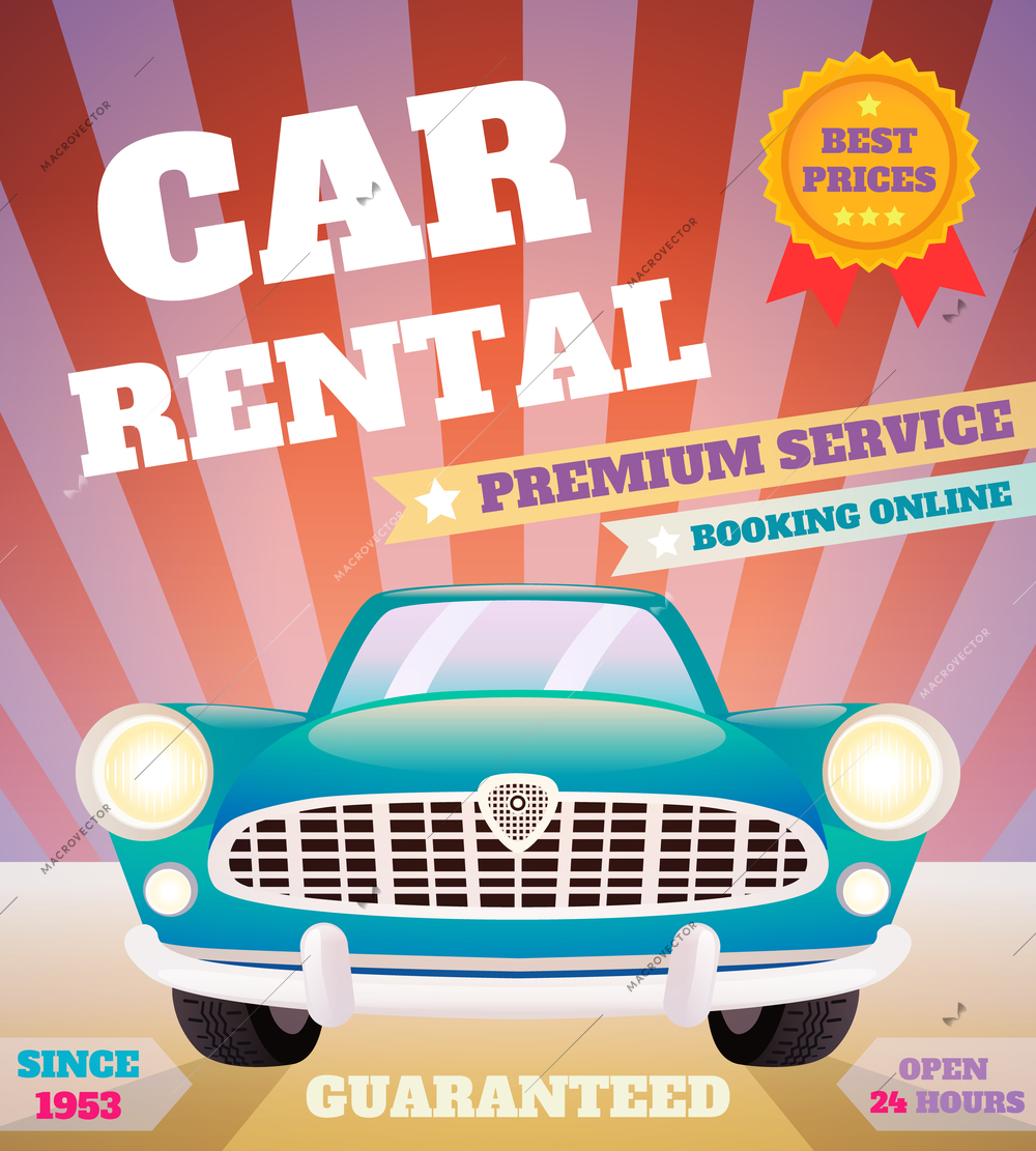 Car rental premium service automobile advertising retro poster vector illustration