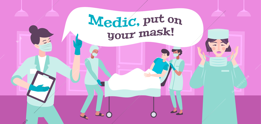 Mask doctor composition with flat doodle characters of medical specialists wearing breathing masks for coronavirus protection vector illustration