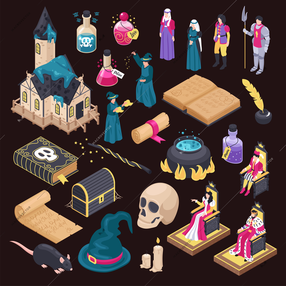 Magical isometric icons set of magic book skull magic hat wizard hag isolated on black background vector illustration