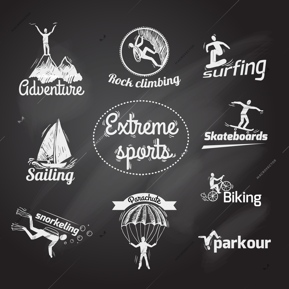 Extreme sports chalkboard icons set of skateboard snorkeling parkour isolated vector illustration