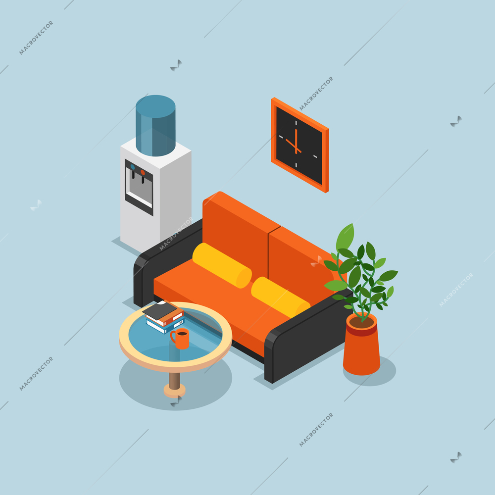 Colored isometric office composition with light blue walls orange couch and cooler vector illustration