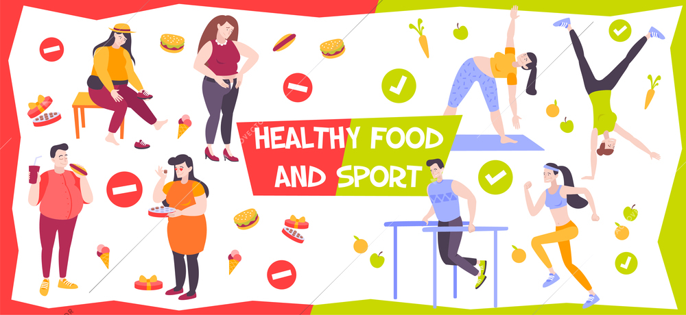 Flat background presenting comparison of proper and bad nutrition lifestyle fat and active people vector illustration