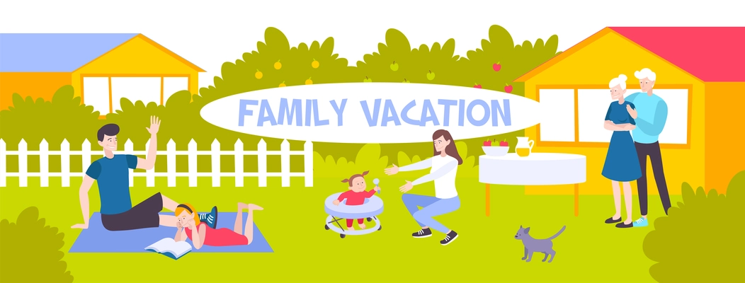 Family spending vacation outdoors in country flat horizontal banner vector illustration