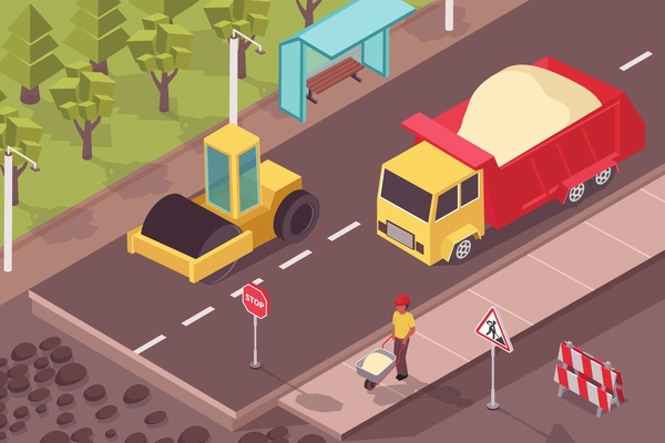 Road repair isometric composition with view of motorway under construction with road-building machinery and pavement vector illustration
