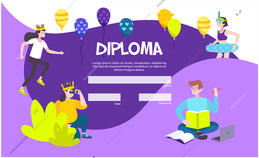 Colorful diploma template with blank text field balloons and kids icons flat vector illustration