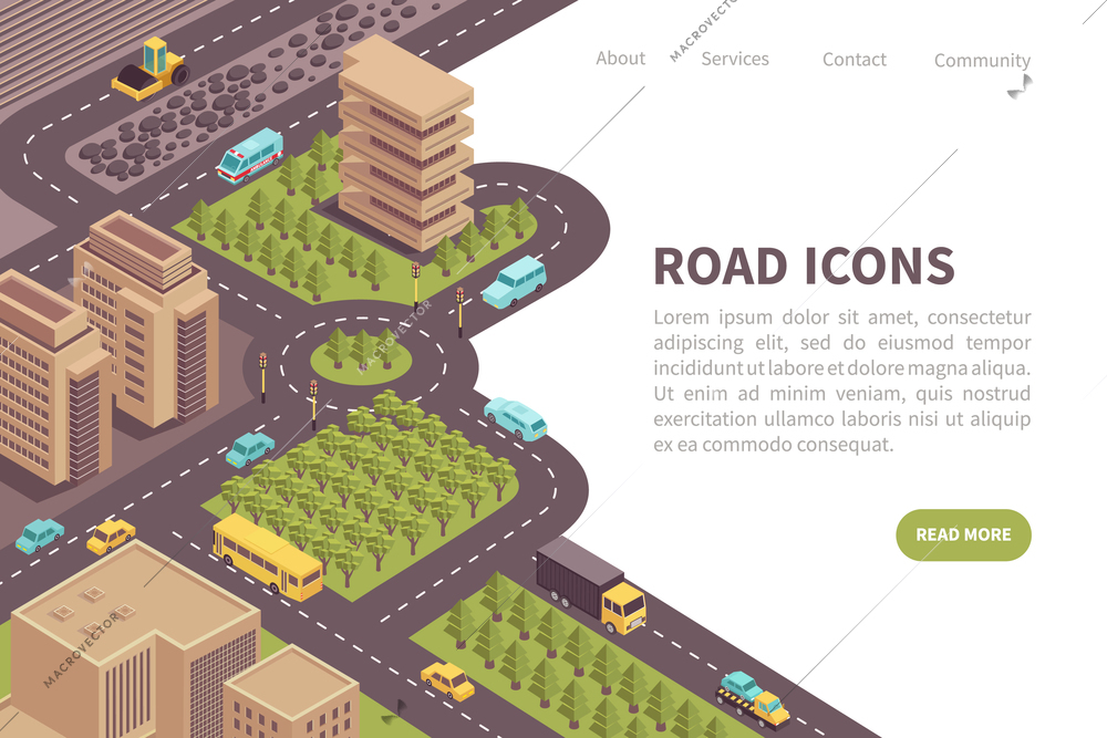 Banner road isometric web site landing page design with editable text read more button and links vector illustration