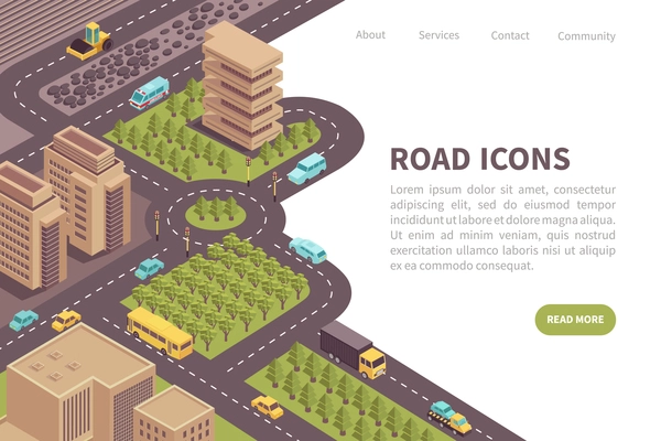 Banner road isometric web site landing page design with editable text read more button and links vector illustration