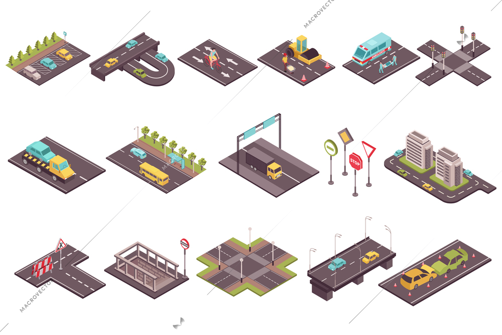 Road set with isometric elements of traffic way with asphalt covering cars buildings and road signs vector illustration