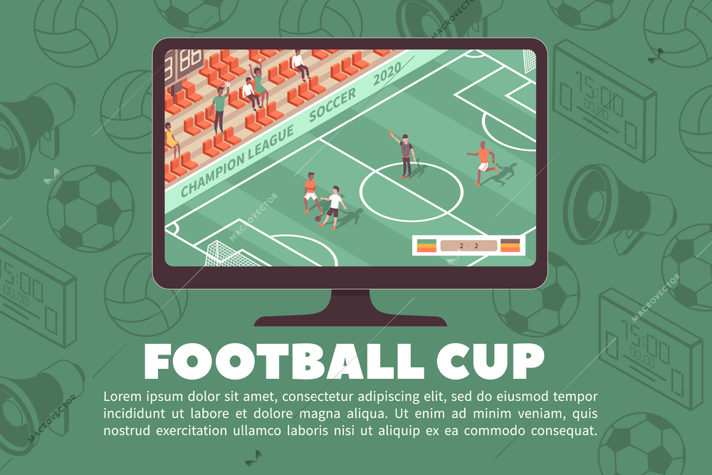 Sport stadium horizontal banner with editable text tv set showing soccer game with silhouette icons background vector illustration