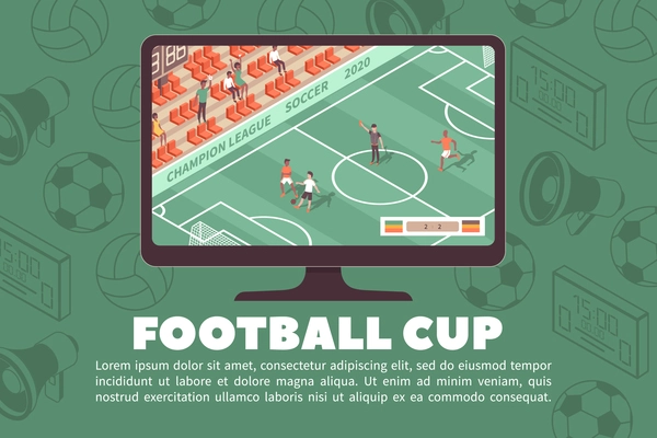 Sport stadium horizontal banner with editable text tv set showing soccer game with silhouette icons background vector illustration