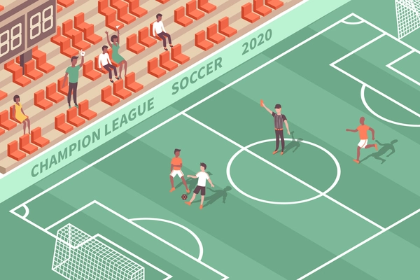 Stadium football isometric composition with outdoor view of playing field and stadium stands with human characters vector illustration