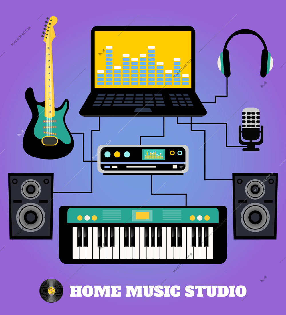 Home music studio poster with guitar audio system poster vector illustration