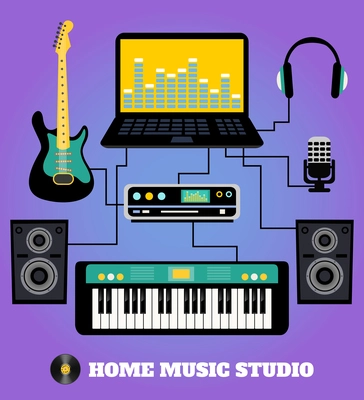 Home music studio poster with guitar audio system poster vector illustration