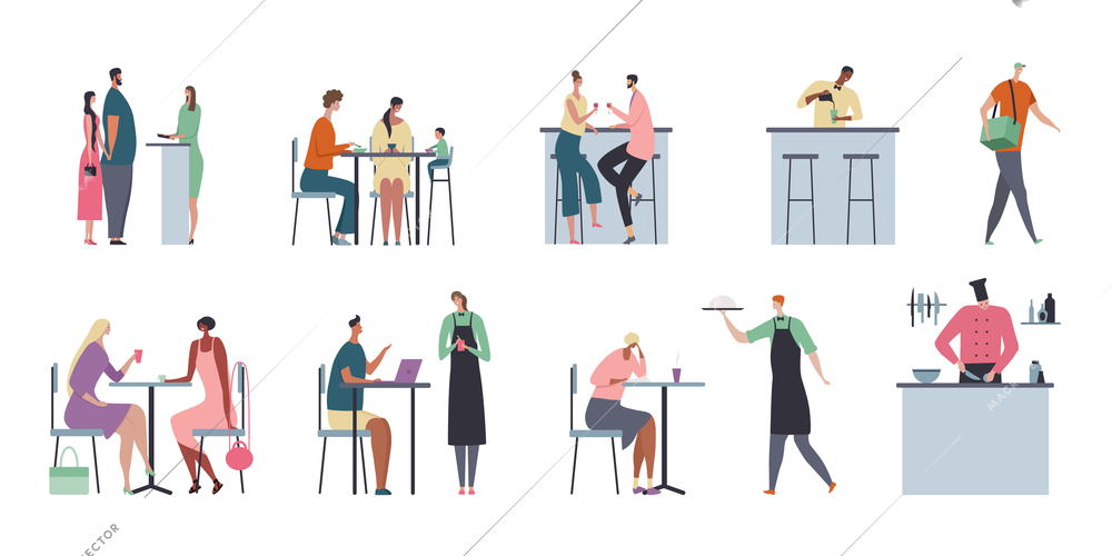 Cafe flat composition with isolated compositions of people and restaurant furniture with food on blank background vector illustration