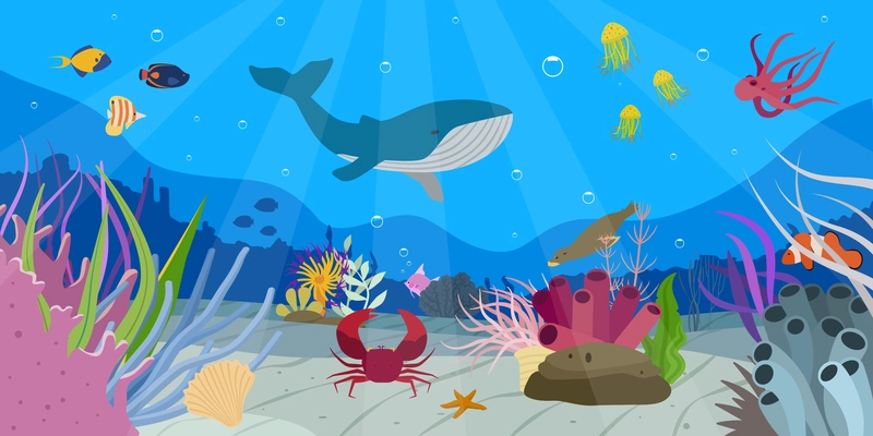 Beautiful underwater world scene with whale different fish crab starfish octopus seal flat vector illustration