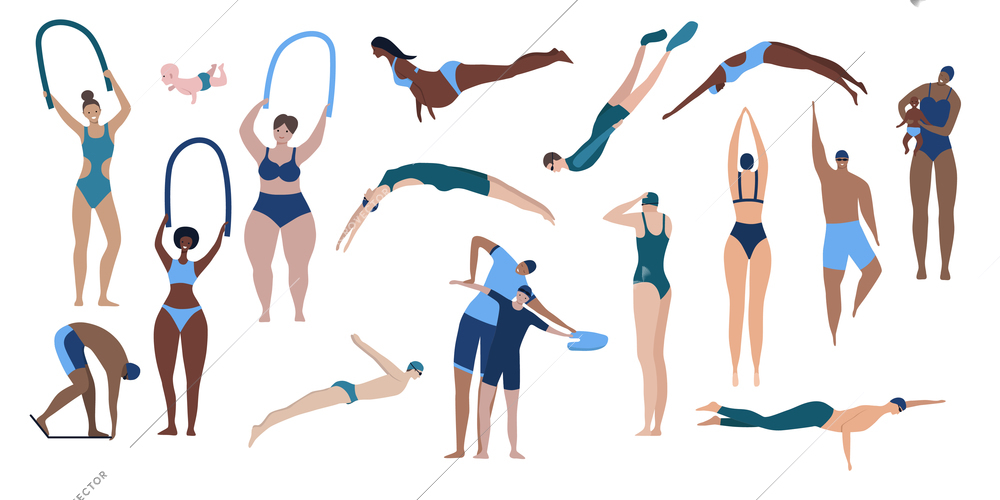 Flat set of icons with people swimming diving and training in pool isolated on white background vector illustration