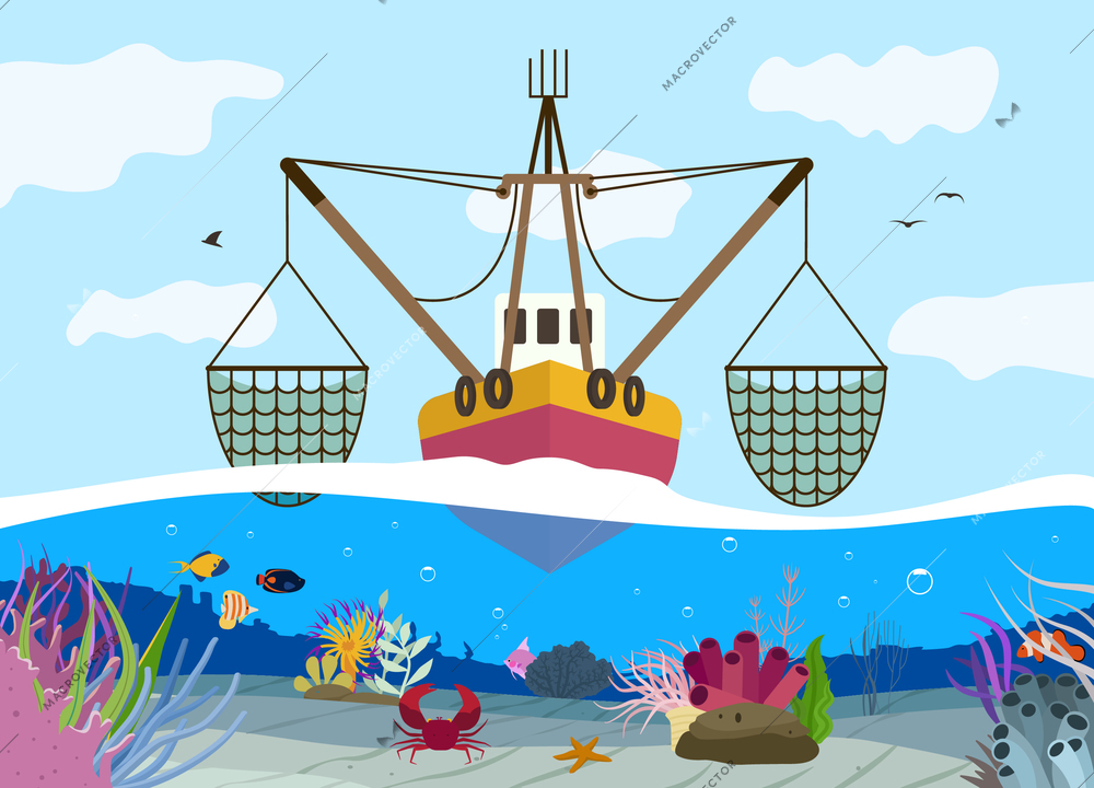 Flat background with fishing boat and sea bottom with different creatures vector illustration