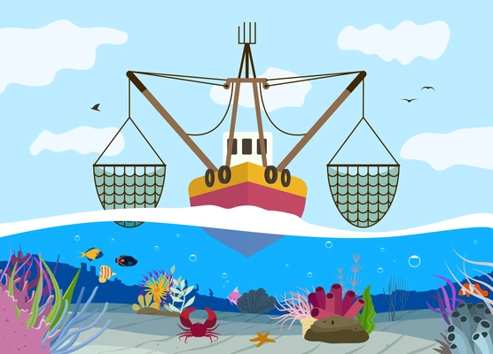 Flat background with fishing boat and sea bottom with different creatures vector illustration