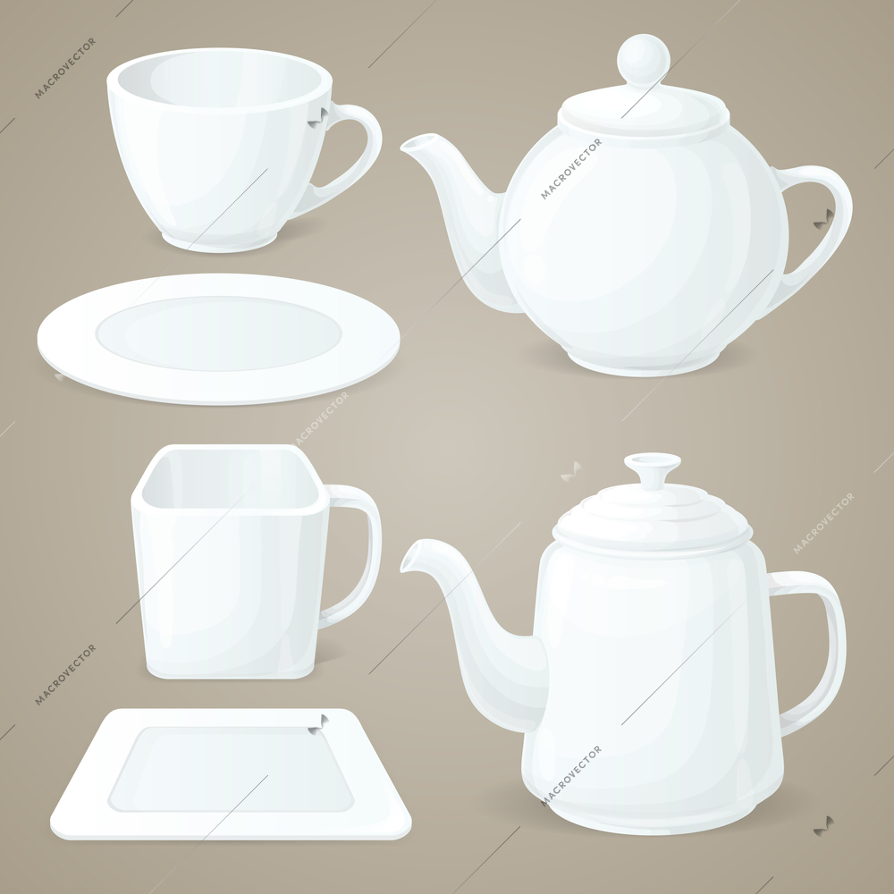 Realistic white crockery set of tea pot and coffee cup isolated vector illustration