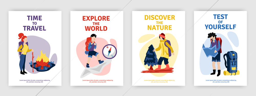 Time to travel 4 posters set with camping hiking campfire compass map reading flat isolated vector illustration