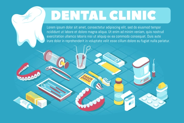 Dentistry isometric banner with dental clinic advertising text tooth pills treatment and examination instruments prothesis vector illustration