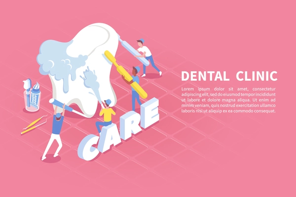 Dental care practice isometric advertising poster with big tooth treated by dentistry clinic specialists background vector illustration
