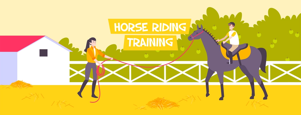 Horizontal and flat horse riding school banner with horse reading training description vector illustration