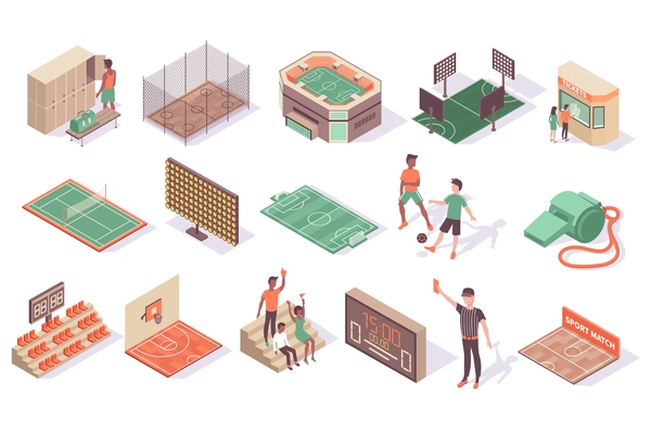 Sport stadium isometric set with isolated images of playground fields stadium stands and faceless human characters vector illustration