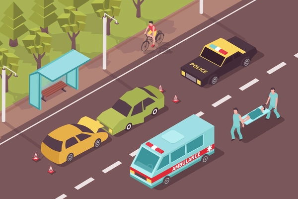 Accident crash isometric composition with outdoor scenery and damaged cars with ambulance police and people characters vector illustration