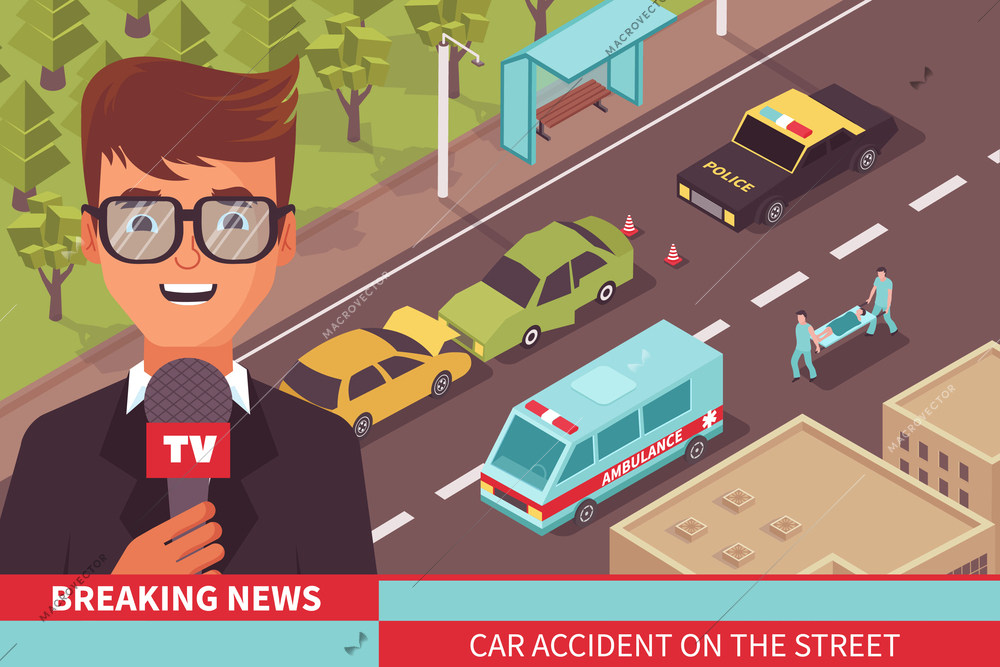 News reportage composition with flat character of reporter with microphone in front of car accident view vector illustration
