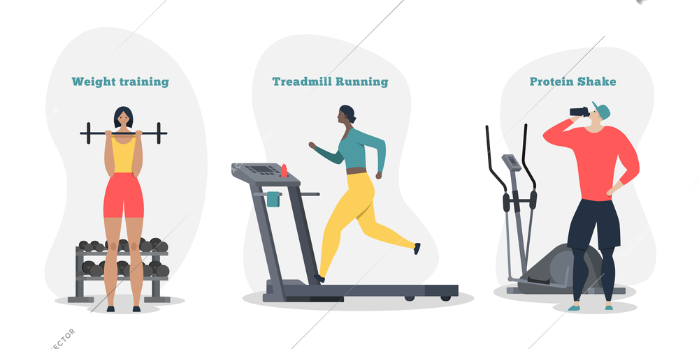 Sport people compositions with human characters working out with weight training treadmill running and protein shake vector illustration