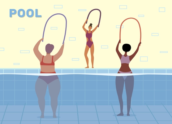 Two women training in swimming pool with female coach flat vector illustration