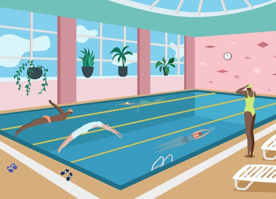 Human characters wearing swimsuits and trunks in swimming pool flat vector illustration