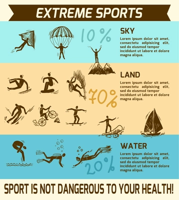 Extreme sky land water sports sketch infographic vector illustration.