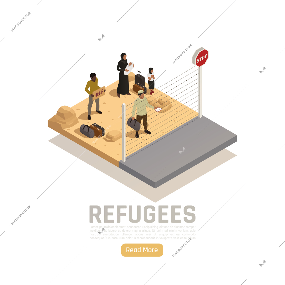 Stateless refugees isometric design concept with group of immigrants at border checkpoint needing help vector illustration