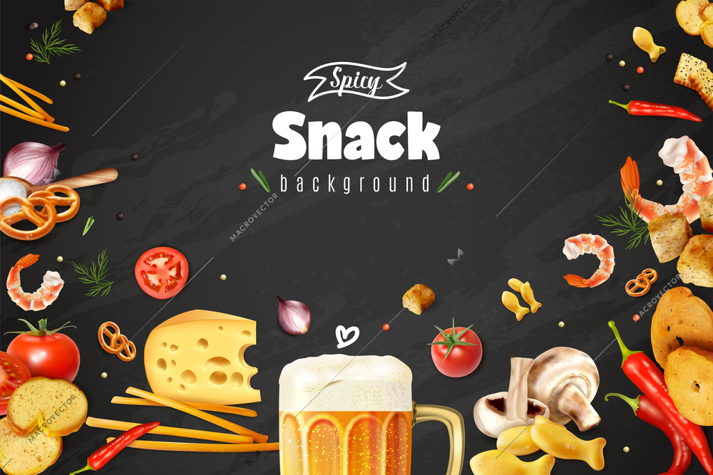 Realistic beer snacks with crackers cheese pretzels tomatoes herbs prawns mushrooms on black chalkboard background vector illustration