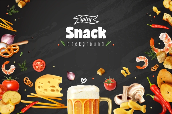 Realistic beer snacks with crackers cheese pretzels tomatoes herbs prawns mushrooms on black chalkboard background vector illustration