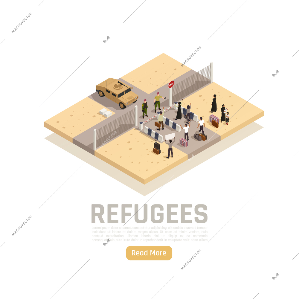 Refugees asylum seekers migrants border crossing between conflict war zone and safe area isometric composition vector illustration