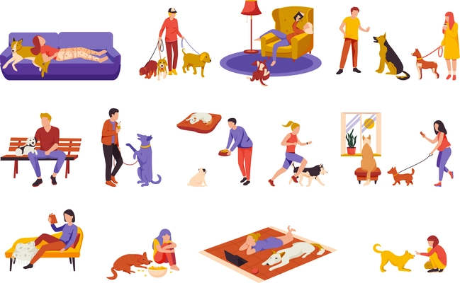 People with dogs flat recolor set of isolated icons of pets and characters on blank background vector illustration
