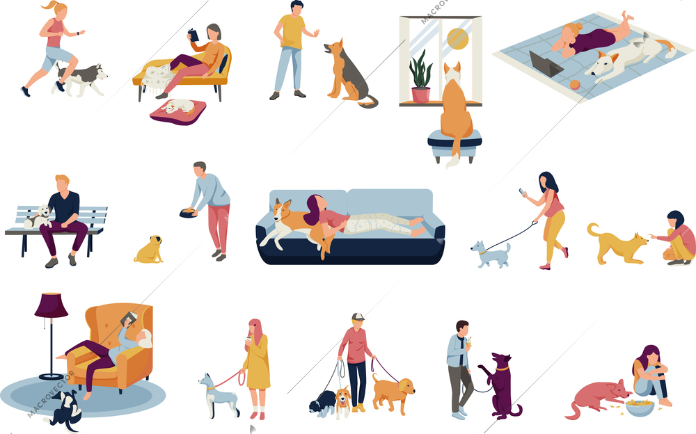 People with dogs collection of flat isolated icons with human characters and pets on blank background vector illustration