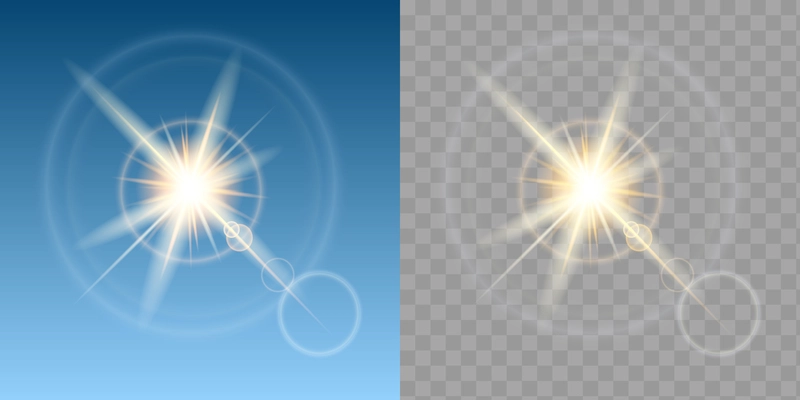 Two sun effect in blue sky composition set with abstract lights on sky and transparent background vector illustration