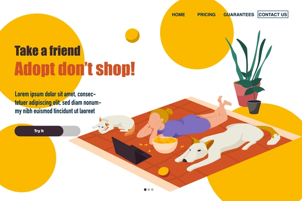 People with dogs flat background for website landing page with image of girl relaxing with pets vector illustration