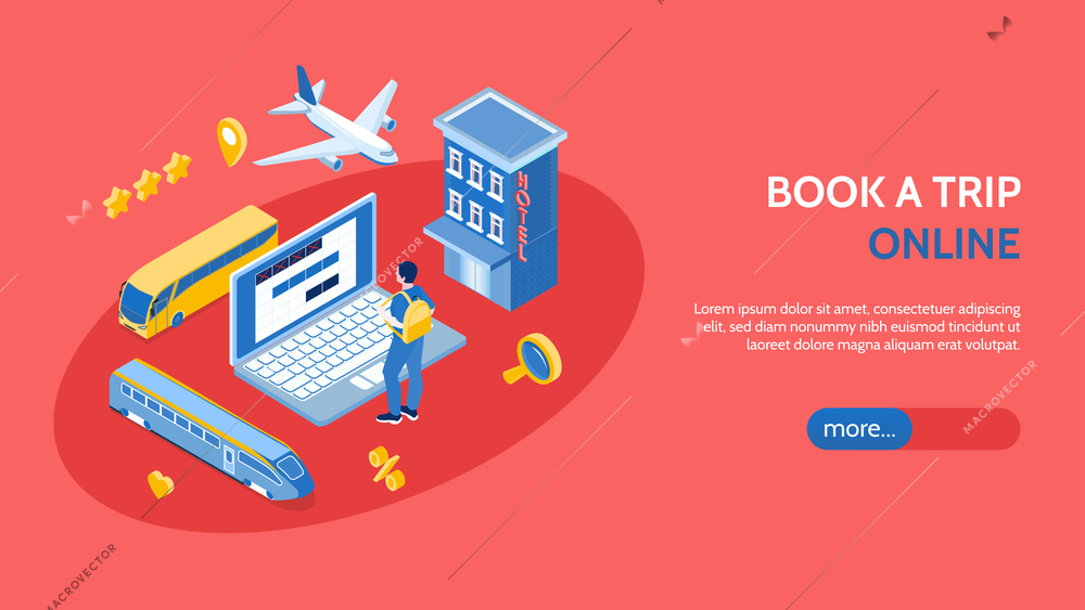 Online booking trip horizontal banner with laptop hotel bus train airplane isometric icons vector illustration