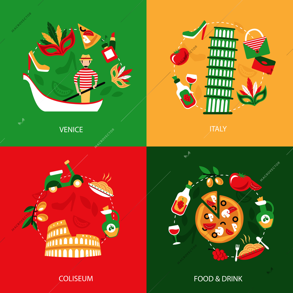 Italy venice coliseum food and drink decorative elements set isolated vector illustration