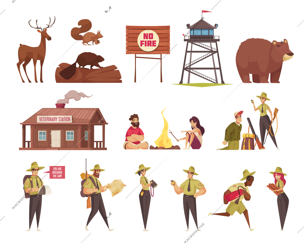 Cartoon icons set with male and female forest rangers wild animals hunters veterinary station building isolated vector illustration