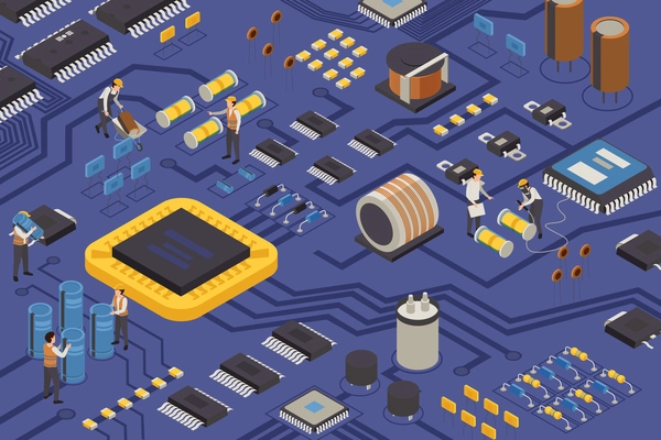 Semiconductor element production isometric composition with construction workers on circuit board moving capacitors transistors and microprocessors vector illustration