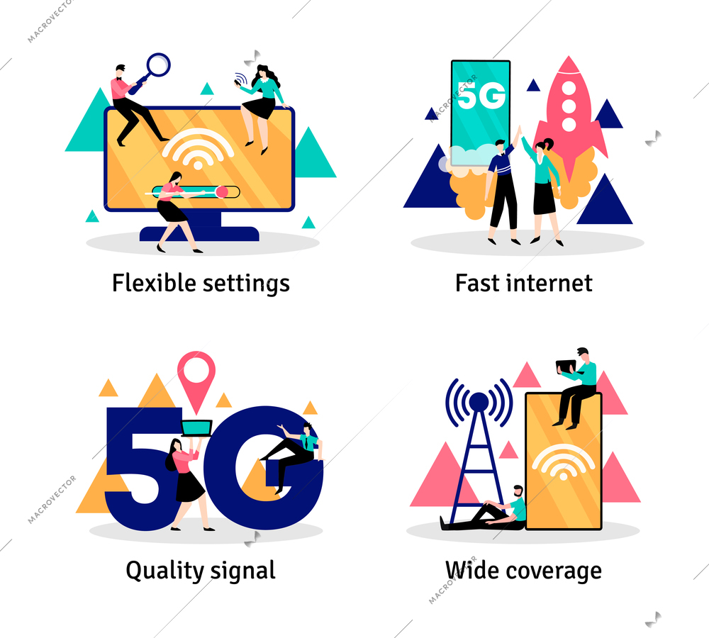 Set of four 5g internet compositions with editable text and flat images with electronics and people vector illustration