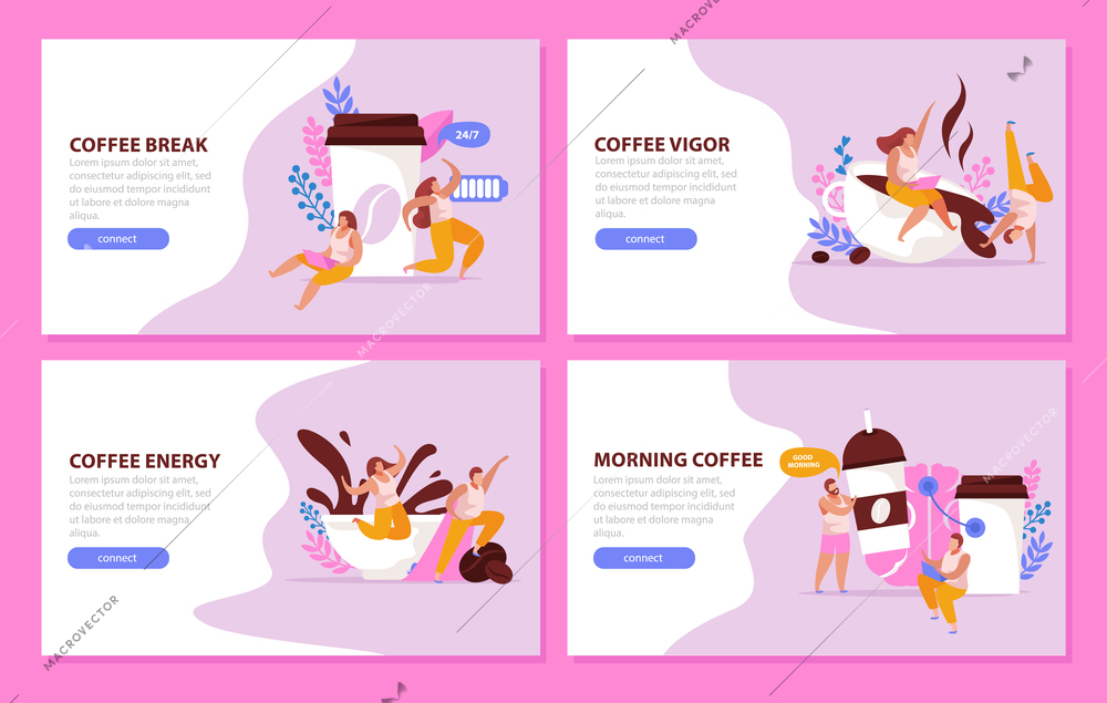 Caffeine stimulating effect flat 4x1 set of horizontal backgrounds with coffee people editable text and buttons vector illustration